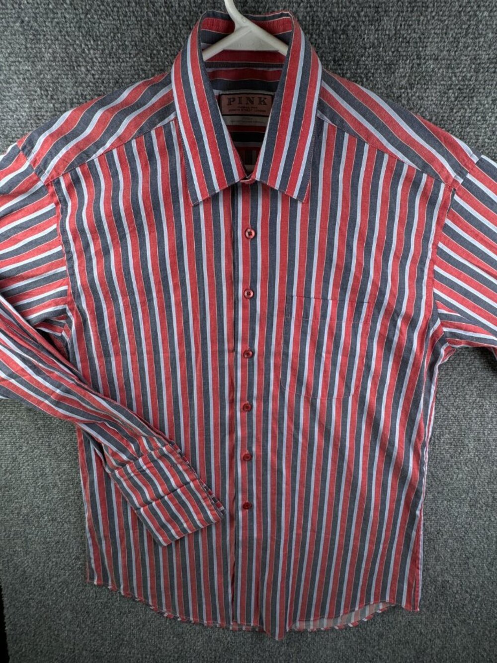 Thomas Pink Long Sleeve Button Up Shirt Men Striped Red Blue 17 Cotton Woven